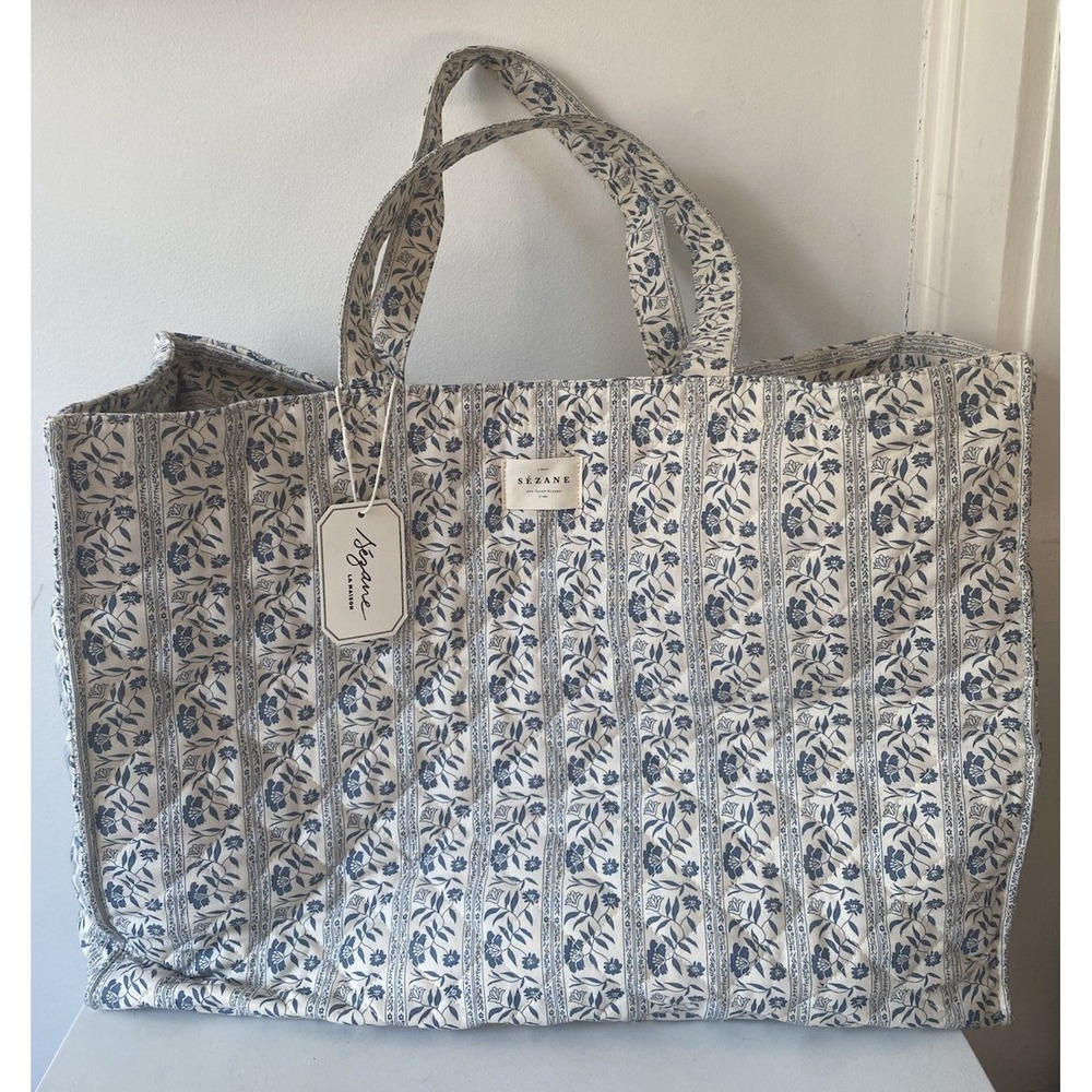 Sezane Quilted Maxi Tote Blue Floral Cream Weekender Bag French Country Chic